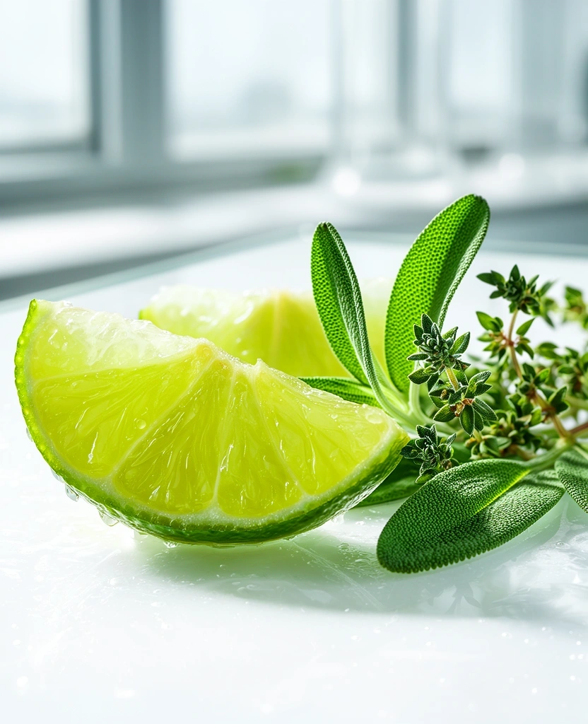 Fresh botanical herbs on a scientific glass surface